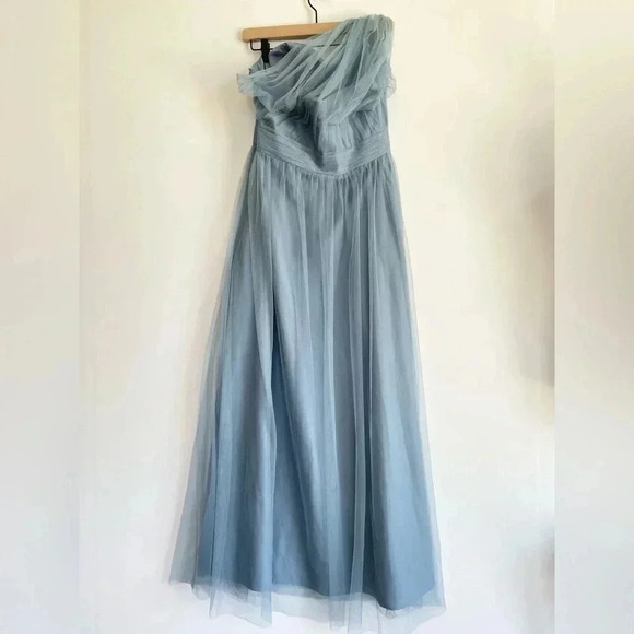 Revelry Belle Tulle Blue Gray Maxi Bridesmaid Wedding Dress One Shoulder Formal - Picture 3 of 15